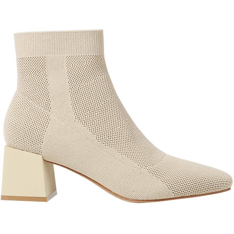All-match Stretch Knitted High Heel Solid Color Chunky Heel Square Toe Booties Women
