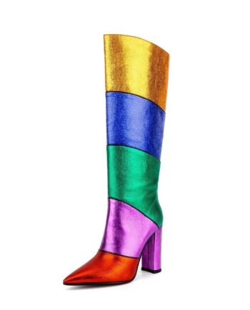 Tribal Card Metal Rainbow Color-blocking Pointed Chunky Heel Middle Boots
