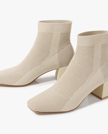 All-match Stretch Knitted High Heel Solid Color Chunky Heel Square Toe Booties Women