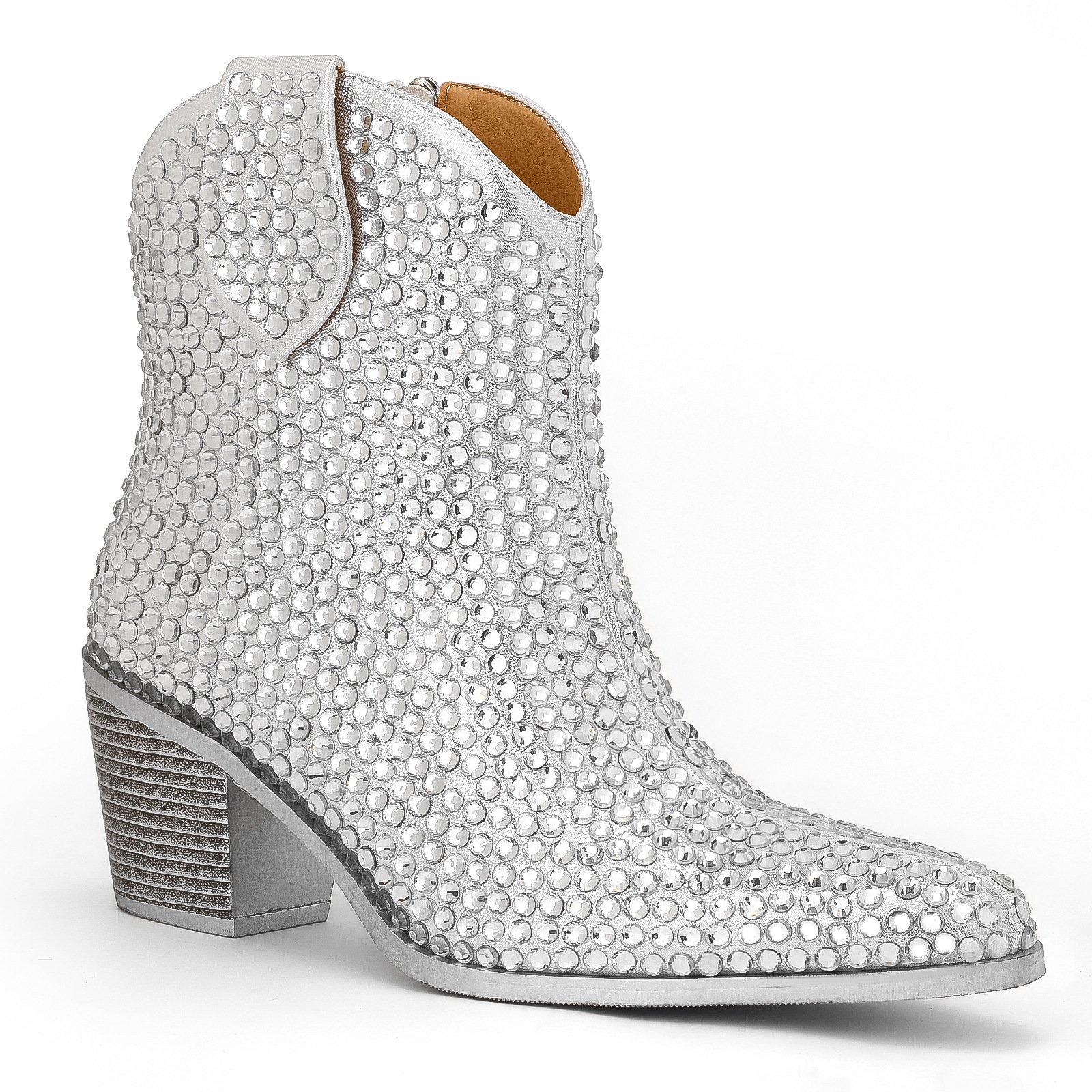 New Pointed High Heel Chunky Heel Rhinestone Side Zipper Fashion Short Boots