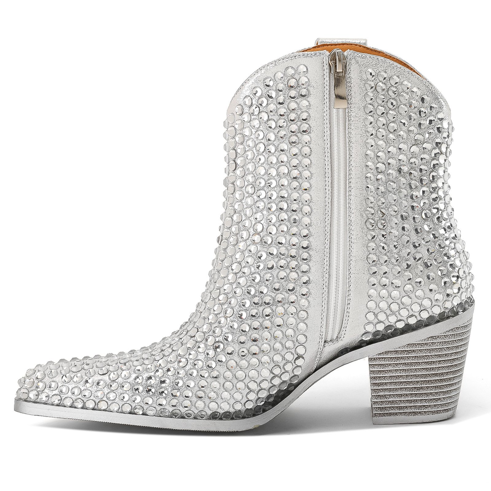 New Pointed High Heel Chunky Heel Rhinestone Side Zipper Fashion Short Boots