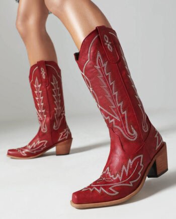 Embroidered Long Knee-high Boots Pointed Toe Chunky Heel High Heel