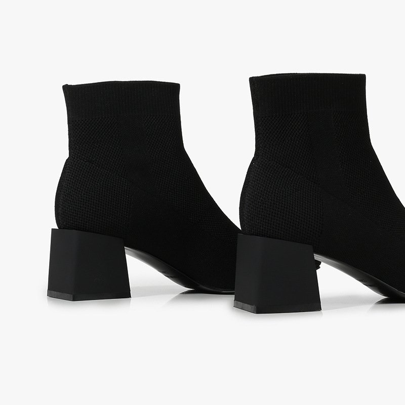 All-match Stretch Knitted High Heel Solid Color Chunky Heel Square Toe Booties Women