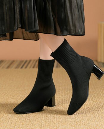 Elastic Chunky Heel Thin Boots Knitted Sock Boots